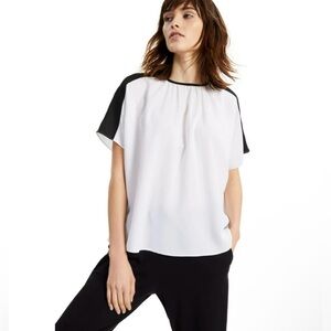 NWT Alfani Gathered-Crewneck Short Sleeve Black & White Contrast-Trim Top - XXL